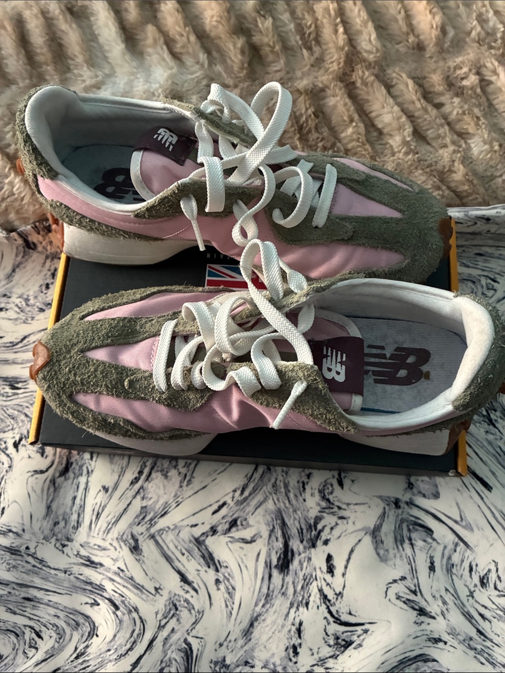New Balance 327 Exclusive for AnthroWomen's Pink and Olive Suede Accent Sneakers